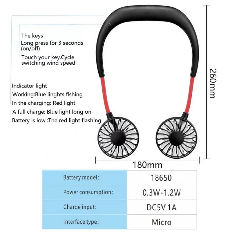 Portable Neck Fan, 360° Rotation, USB Rechargeable