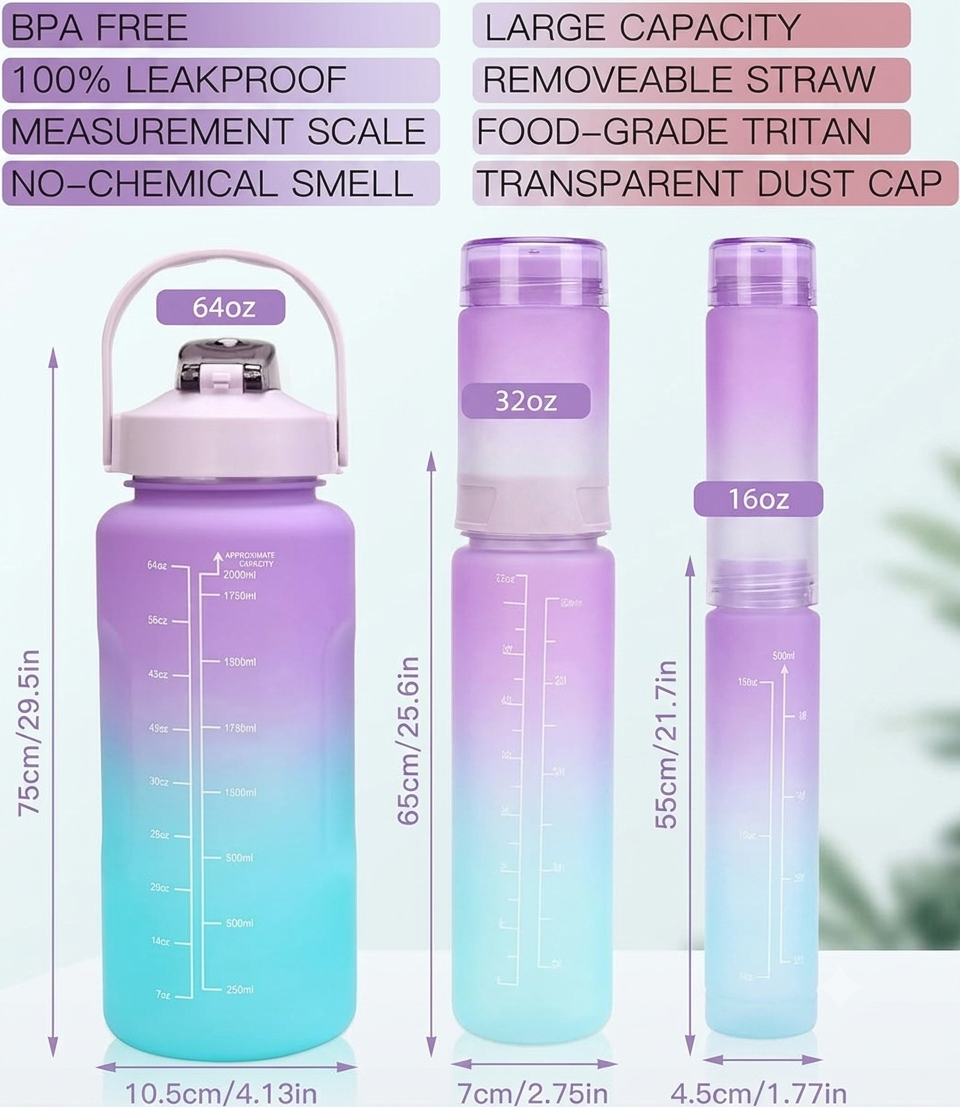3 Piece Motivational Water Bottle Set, BPA Free